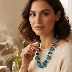 Artisan Polymer Clay&Murano Glass Bead Necklace Blue Red Swirl Statement Jewelry